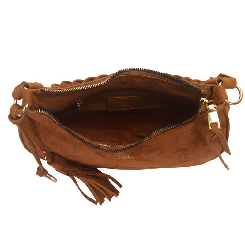 Interior da bolsa WJ caramelo mostrando bolso interno com zíper e forro de tecido